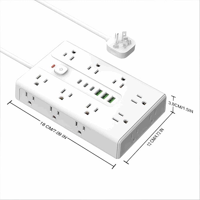 Power Board Surge Protector with 16 sockets, Equipped with 3 USB A and 3 USB C Ports, Suitable for Various Devices, Including Home, Office, and Dormitory (white6.5T)