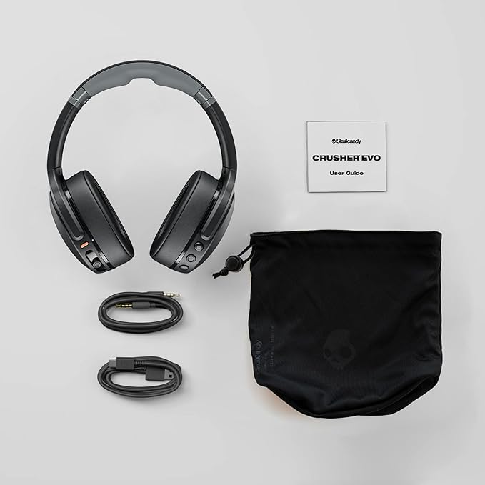 Skullcandy Crusher Evo Wireless Bluetooth Headphones with Multi-Sensory Bass, Noise Isolating Over-Ear Fit, Up to 40 Hours Battery, Microphone for iPhone Android - Chill Grey