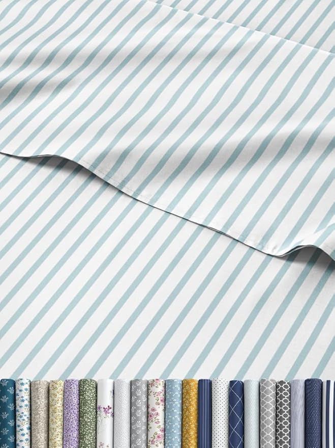 Striped Sheets - Blue & White Striped Sheets - 1 Flat & 1 Fitted & 2 Pillowcases w/ Deep Pockets – Wrinkle & Fade Free - Soft, Breathable and Cooling - Luxury Pinstripe Bedding - Queen Size Bed Set