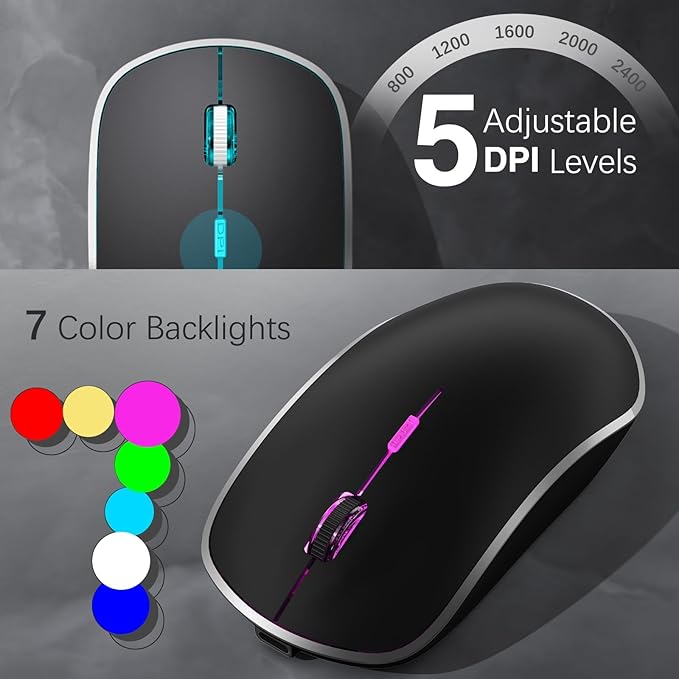 J JOYACCESS Wireless Keyboard and Mouse Combo with 7 Backlit Options,Quiet Light Up Keys,Type-C Rechargeable,Sleep Mode-2.4G Slient Portable Cordless Combo for Laptop/PC/Computer/Mac(Grey+Sliver)