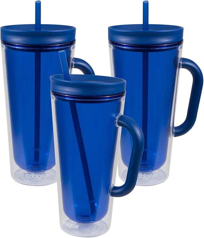COOL GEAR 3-Pack 26 oz Spritz Tumbler with Straw and Handle | Pressure Fit Lid, Colored Re-Usable Tumbler Water Bottle with Straw and Handle - Blueberry Pack