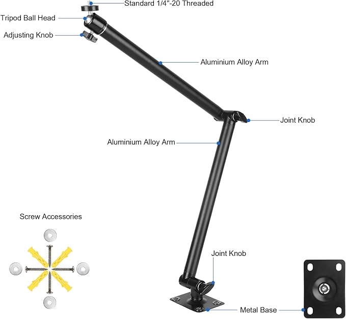 Articulating Camera Wall Mount with 1/4"-20 Threaded Compatible with DSLR/Security/Webcam/Action/LED Light/CCTV POV Camcorder Cameras,Adjustable Aluminium Alloy Arm Metal Base
