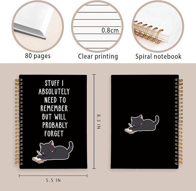 LIANGW Funny Black Cat Spiral Notebook Journal, Black Cat Lovers Gifts Journal for Writing, Pet Cats Mom Lady Owner Gifts, Cats School Office Stuff Supplies, 5.5x8.3 Inch