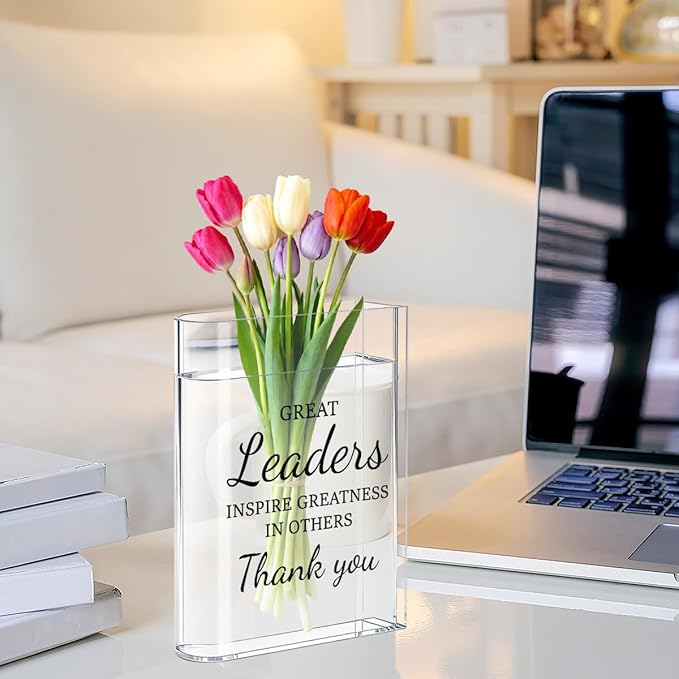 Leader Boss Bosses Day Gifts for Women Men Manager Funny Office Decor for Women Wooden Acrylic Book Flower Vase National Boss Day Decorations Gifts for Leader HR Men Manager Bookshelf Desk Decor