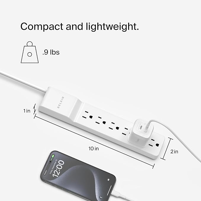 Belkin 6-Outlet Surge Protector Power Strip, UL-Listed w/ 6 AC Outlets & 10ft/3M Cord, ABS, Overload and Overvoltage Protection for Personal Electronics, Small Appliances, & More - 720 Joules