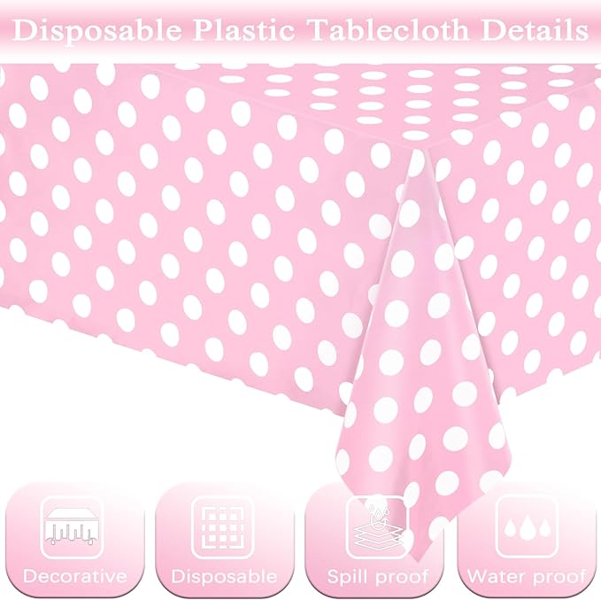 WNINK 6 Pack Light Pink and White Polka Dot Tablecloths, Pink Disposable Plastic Table Cover for Birthday, Wedding, Bachelor, Pink Girl Party, and Picnic Camping Parties 54" x 108"