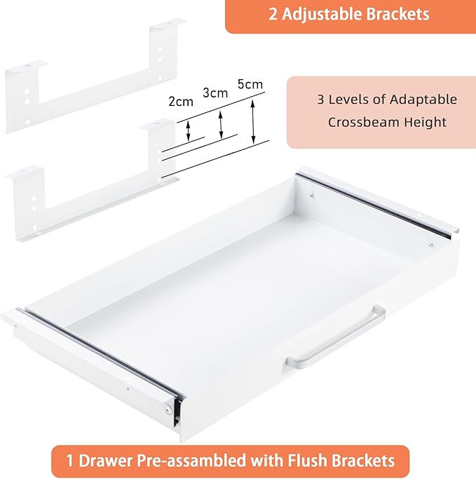 OSteed Under Desk Drawer Organizer 21" White Upgrade with Adjustable Brackets, Sliding Pull-Out Under Table Pencil Drawer, Office Standing Desk Attachment for Workbench