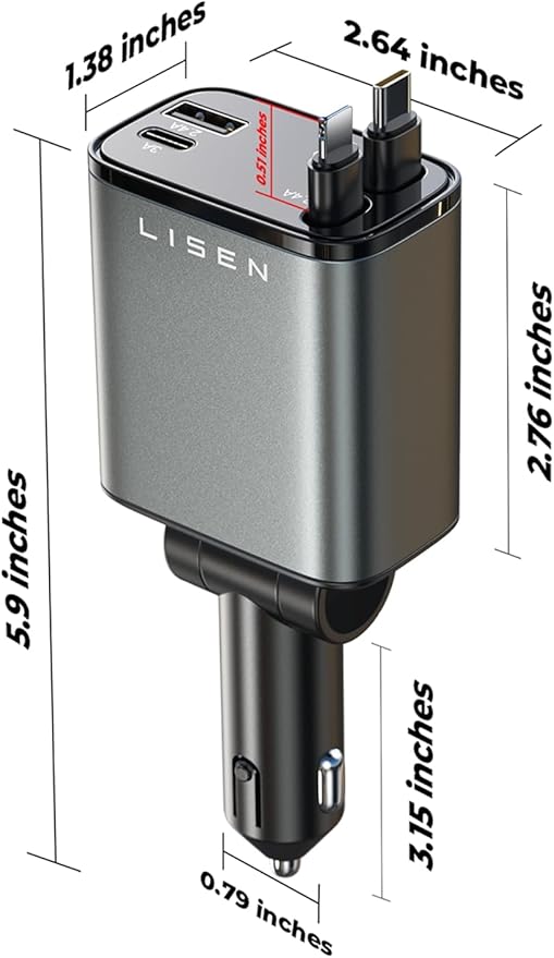 LISEN Retractable Car Charger 4 in 1 for Cars, 69W Retractable USB C Car Charger with 31.5in Cable, Fast Charging for iPhone 17 16 15 14 13 12 Pro Max Plus, Compact Cars Accessories for Daily Driving