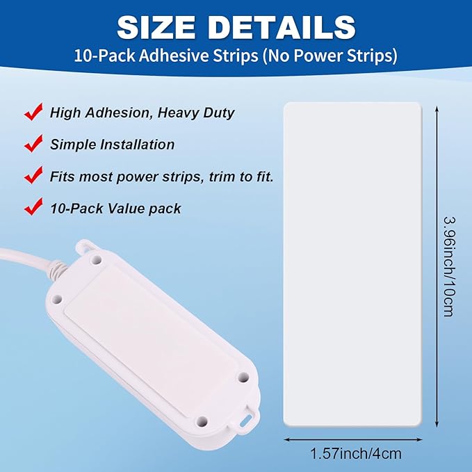 10-Pack Self-Adhesive Mounting Strips for Power Strips – 3.95” x 1.58”, Punch-Free Wall Socket Holder for Home, Kitchen, and Office, Adhesive Only