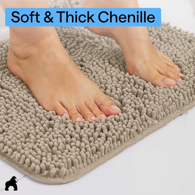 GORILLA GRIP Bath Rug Mat 54x24, Thick Absorbent Chenille, Quick Dry Microfiber Mats, Rubber Backing Washable Shower Floor Rugs, Bathmat Runner, US Designed Bathroom Home Decor Accessories Gray Beige