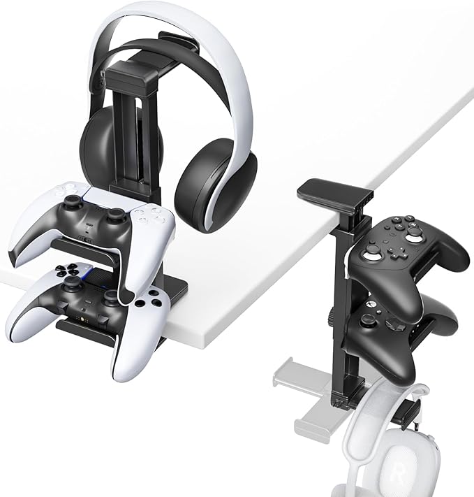Controller Holder & Headphone Stand Under Desk with Adjustable Clamp, Controller Stand & Headset hanger for Desk Mount with 360° Rotating Hook & Cable Organizer 3-in-1 Game Organizer, PC Game Headsets