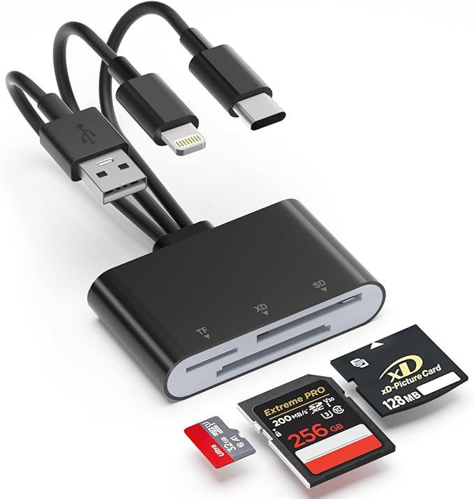 XD Card Reader for Olympus Fujifilm, 3-in-1 XD Picture Card Adapter with Lightning/USB-A/USB C for iPhone 17/16/15/14/13/12 iPad Android PC, Memory Cards Reader for SD/TF/XD Cards and Digital Cameras