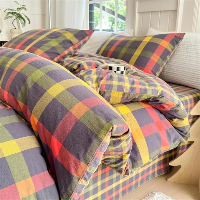 LifeTB Twin XL Comforter Set Modern Style Plaid Checkered Pattern Comforter with 2 Pillowcases Gingham Bedding Comforter Set Multicolor Grid Bed Comforter Fluffy Lightweight Bedding Set Twin XL