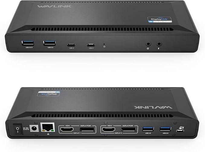 WAVLINK DisplayLink Laptop Docking Station - Dual Monitors 5K/4K@60Hz, 100W Charging - Thunderbolt 4/3, USB-C/A - M1 M2 Mac, Windows, Chrome, Ubuntu - 2HDMI, 2DP, 6 USB Ports, 130W Power, LAN, Audio