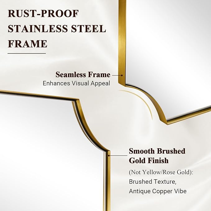 ANDY STAR 28"x36" Gold Mirror, Brushed Brass Bathroom Vanity Mirror, Scalloped Wall Mirror with Rust-Proof Stainless Steel Metal Thin Frame Deep 1", Hangs Vertically or Horizontally