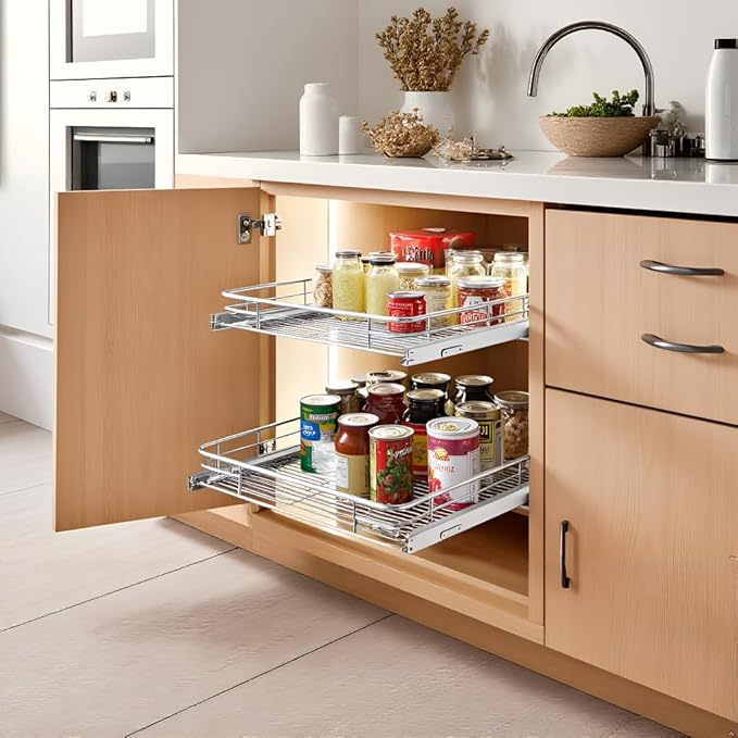 JOWBOOW Pull Out Cabinet Organizer (22" W x 21" D), Slide Out Shelves for Kitchen Cabinets, Pull Out Drawers Heavy-Duty Metal Rolling Shelf, Chrome Finish