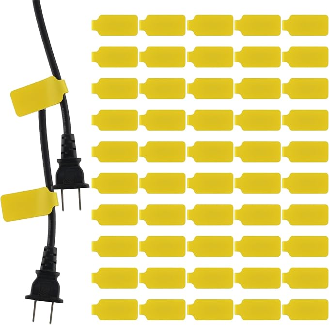 50 Pieces Cord Labels Self-Adhesive Nylon Cable Labels Tags Waterproof Wire Cable Tags or Electronics Office Computers Management and Identification (Yellow)