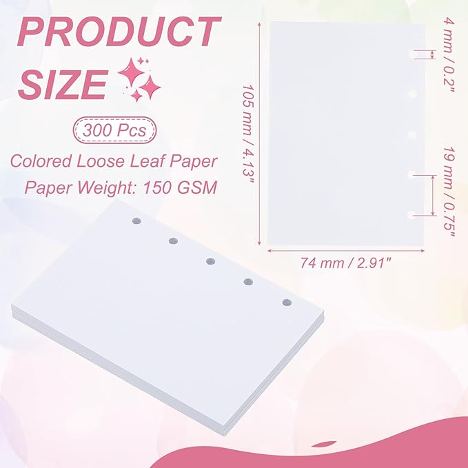 PATIKIL Colored Loose Leaf Paper, 4.1" x 3"(A8) 300 Sheets 5 Holes Punched 150GSM Blank Binder Refill Paper Supplies for Office Note Taking Teacher Planner Journal Notebook, White