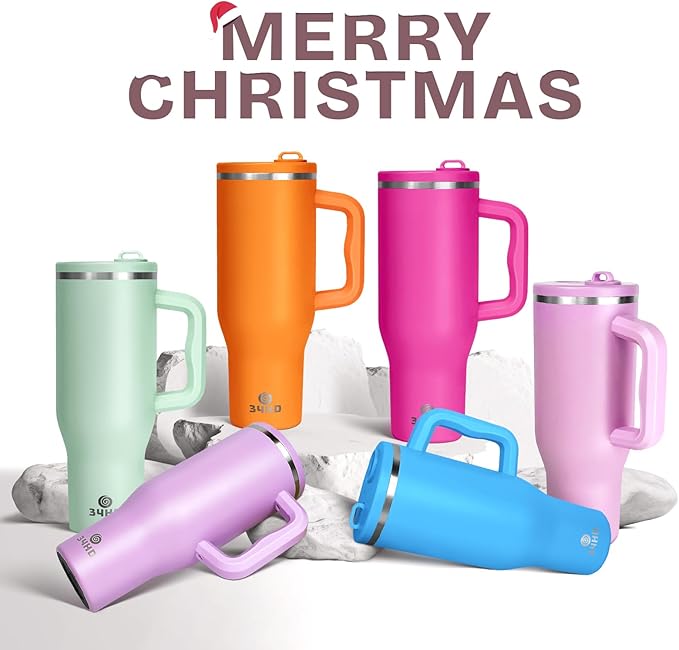 34HD 40 oz Stainless Steel Tumbler - Leakproof Insulated Water Bottle with Handle, Magnetic Lid and Flexible Straw - Iced for 48 Hours – Perfect for Men, Women, Birthday Gift, Pink - Rose Dust