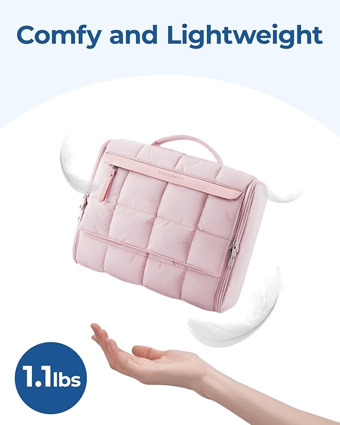 BAGSMART Travel Toiletry Bag, Extra Large Full-open Hanging Toiletry Bag for Women, Puffy Cosmetic Makeup Bag Organizer with Handle for Accessories, Essentials, Toiletries (Pink 13''L)