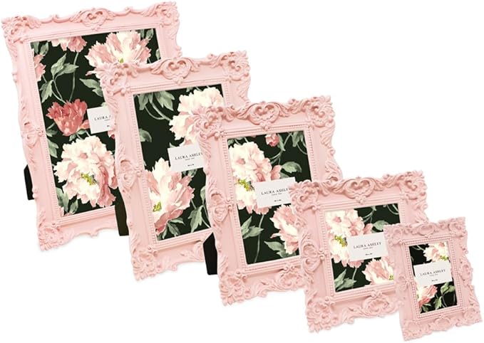 Laura Ashley 8x10 Pink Ornate Textured Hand-Crafted Resin Picture Frame with Easel & Hook for Tabletop & Wall Display, Decorative Floral Design Home Décor, Photo Gallery, Art, More (8x10, Pink)