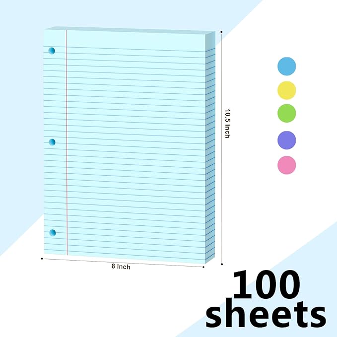 Blue Loose Leaf Paper 100 Sheets Colored Filler Paper 8 * 10.5 College Ruled 3-Hole Punched Paper for 3-Ring Binders Notebook Lined 8" x 10.5"