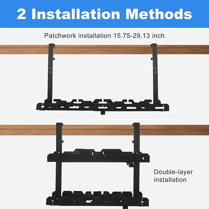 Cable Management Under Desk Tray 15.7-29 inch Under Desk Cable Management Black Extendable Under Desks Cable Managements No Drill Under Desks for Wire Managements