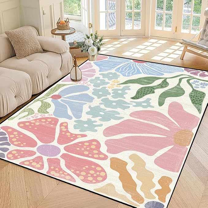 Floral Area Rug Modern Abstract Rug Pastel Flower Print Carpet Colorful Bohemian Plant Rugs for Entryway Bedroom Living Room Nursery Kitchen Playroom Home Decor,2'x3'