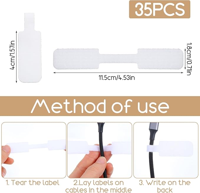 35PCS Reusable Cable Cord Wire Labels, Self-Adhesive Hook and Loop Cable Labels, Easy to Write on Wire Label, White Cables Tags for Electronics, Computer Cables Management and Identification
