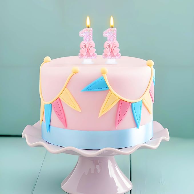 Number 11 Candle Pink Sequins and Bowtie 11th Cake Topper, 11 Birthday Candle for Girls Pastel Sweet Theme Birthday Party or Adults Milestone Age Decoration