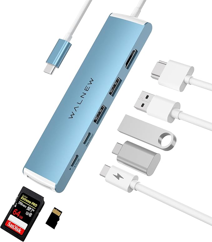 WALNEW 7 in 1 USB-C Hub with 4K HDMI,100W PD,5Gbps Data Port(1 Type-C & 2 USB 3.0),SD/TF Reader, Thunderbolt 4 Dock Multiport Adapter for MacBook Pro Air,Mac,iPad 10/Mini 6,Surface (Blue)