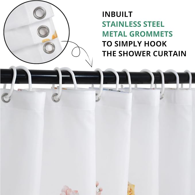 Floral Extra Long Shower Curtain, Wildflower Botanical Plant Leaves Cute Flower Spring Herbs Elegant Waterproof Fabric Machine Washable for Bathroom Bathtub Decor with Hooks 72Wx84H