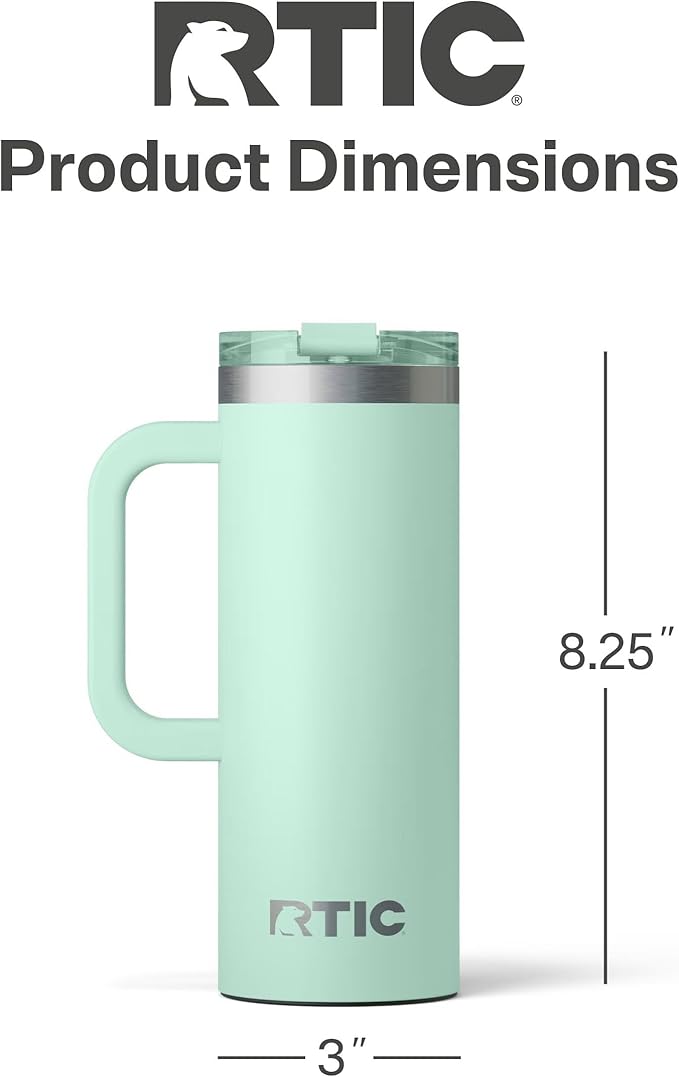 RTIC 20oz Road Trip Travel Mug with Lid and Handle, Ceramic Lined, Insulated, Stainless Steel, Metal, Double Wall Vacuum-Insulation, Portable Coffee, Tea Cup for Hot and Cold Drink, Fresh Mint