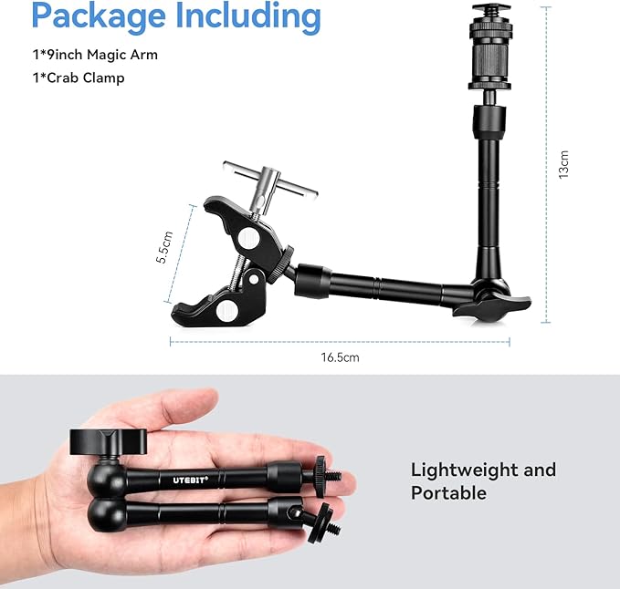 UTEBIT 11" Magic Arm Clamp Mount Kit, 360° Ball Heads with ARRI 1/4" & 3/8" Thread Screw, Camera Mount Adjustable Friction Arm w Super Clamp for DSLRs, Camera Cage, Monitor, LED Light, Action Camera