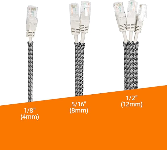 Braided Expandable Cable Sleeve, 25ft PP Cotton and PET Braided Cable Management, Flexible Mesh Wire Loom and Cable Protector for TV, Computer, Home Theater, Automotive (Grey, 5/16")