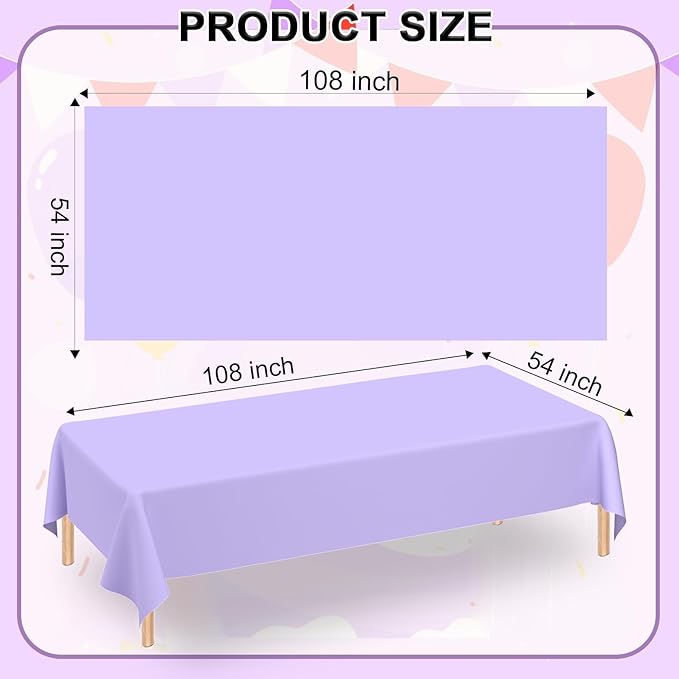 WNINK 4 Pack Light Purple Rectangular Plastic Tablecloths, Pastel Purple Disposable Table Covers 54" x 108" for Birthday, BBQ, Bridal Shower, Engagement Wedding, Picnic Parties and 8 ft Table Use
