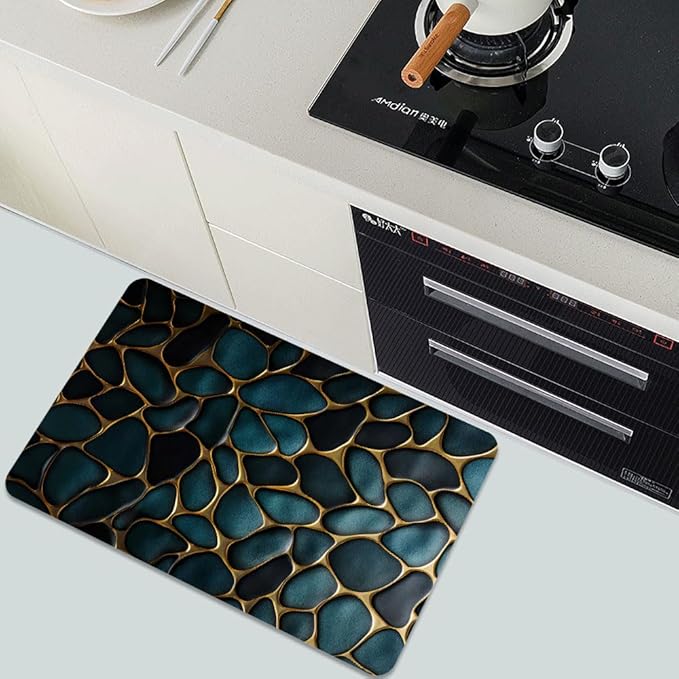 Diatomaceous Earth Bath Mat,Blue and Gold Stones Non-Slip Volume Super Absorbent Fast Drying for Bathroom Kitchen mat,Eco-Friendly Easy to Clean 20×31Inch (50 * 80cm)