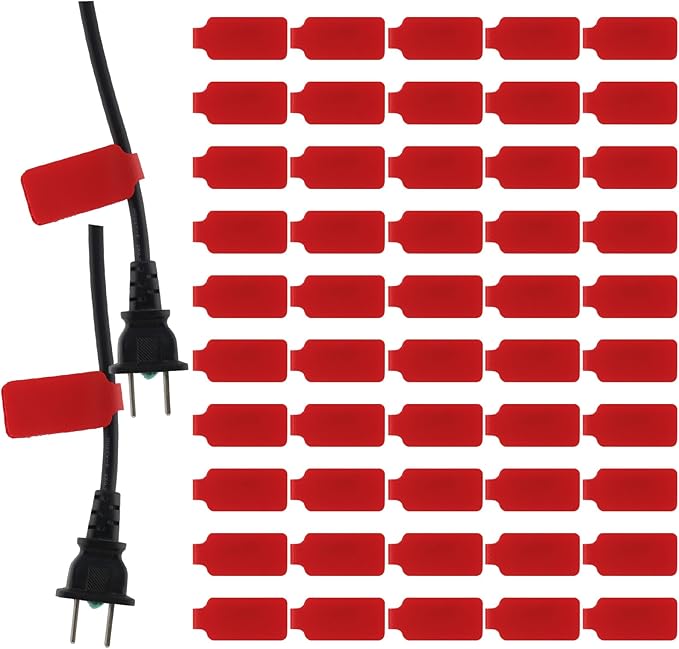 50 Pieces Cord Labels Self-Adhesive Nylon Cable Labels Tags Waterproof Wire Cable Tags or Electronics Office Computers Management and Identification (Red)