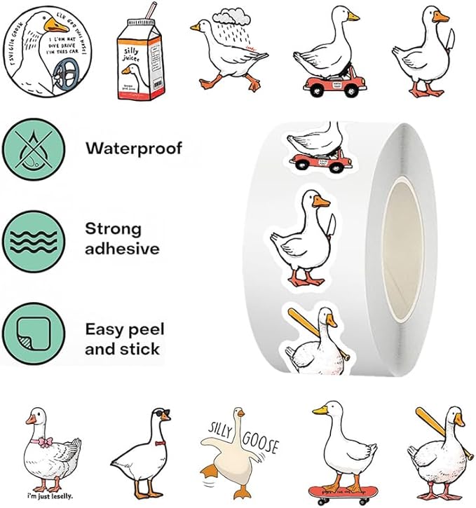 500 Pcs Duck Stickers Roll, 10 Styles Cartoon Cute Duck Stickers for Teens, Waterproof Vinyl Stickers for Journal Scrapbook, Party Favors, Classroom Rewards, Laptop & Water Bottle Deca