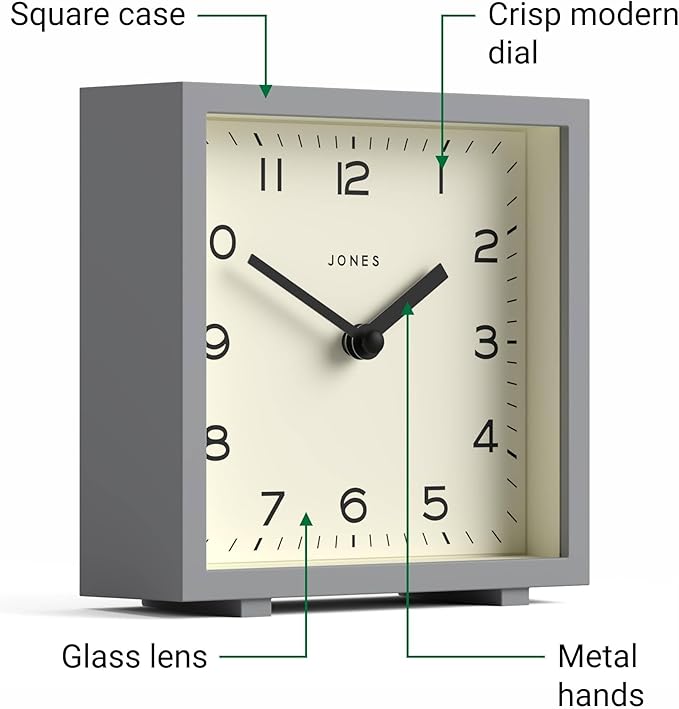 JONES CLOCKS® Disco Desk Clock | Sleek Square Design | Gray | Stylish and Easy to Read for Shelf, Table, Mantel or Bedside
