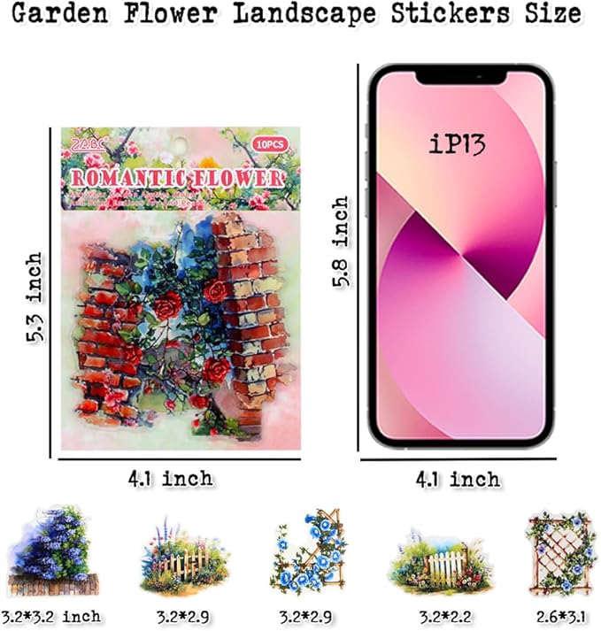 Dwpetzo Garden Flower Landscape Stickers for Journaling, 6 Themes Transparent PET Wildflower Brick Wall Fence Vines Stickers for Scrapbooking, Junk Journal Supplies, Collage, Planner, Mixed Media