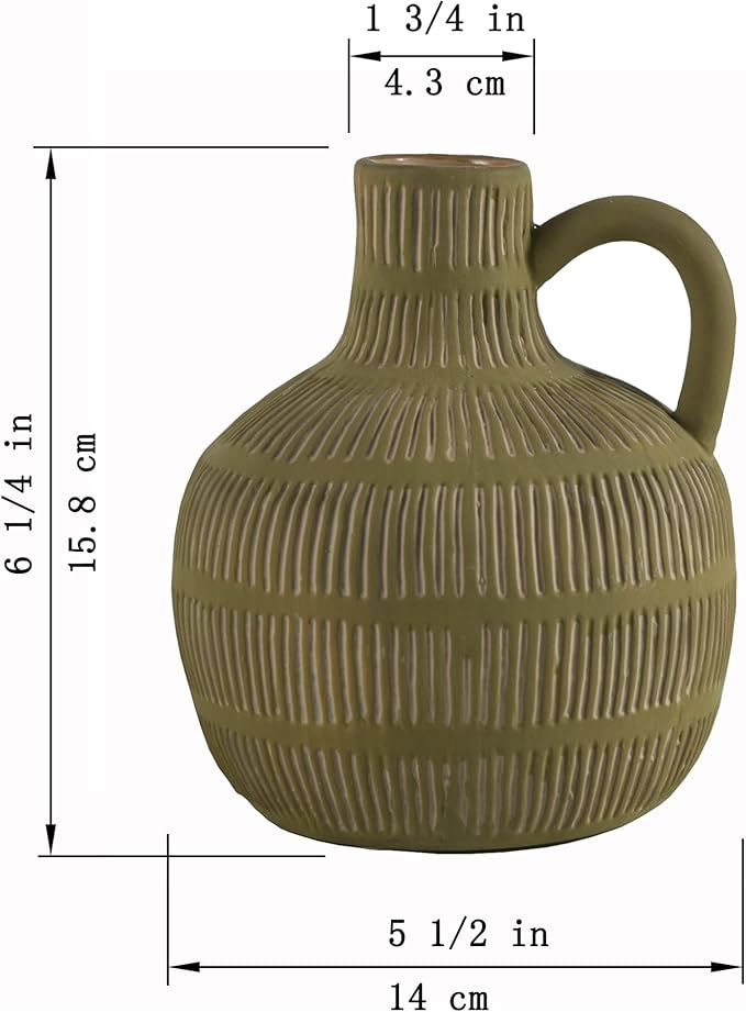 Farmhouse Vase with Handle and Tassel, Grey Yellow Vertical Stripes Design Clay Vase 10'' Tall - Ceramic Flower Vase for Rustic Home Decor, for Fireplace Kitchen Living Room Centerpieces