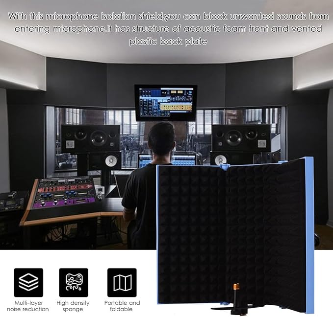 Portable Desktop Soundproof Cover,3 Doors Foldable Acoustic Panels Studio Equipment,Vocal Absorbing Shield to Filter Vocal for Microphone,for Home Studio(Black)