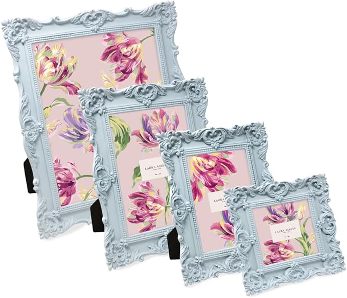 Laura Ashley 5x7 Powder Blue Ornate Textured Hand-Crafted Resin Picture Frame w/Easel & Hook for Tabletop & Wall Display, Decorative Floral Design Home Décor, Photo Gallery, Art (5x7, Powder Blue)