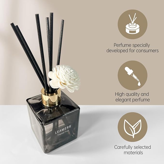 LEAMERR Reed Diffuser Set, 6.1 oz (180 ml) Tropical Fruit Scented Diffuser with Sticks Long-Lasting Home Fragrance Reed Diffuser for Home Room Office Bathroom Shelf Decor