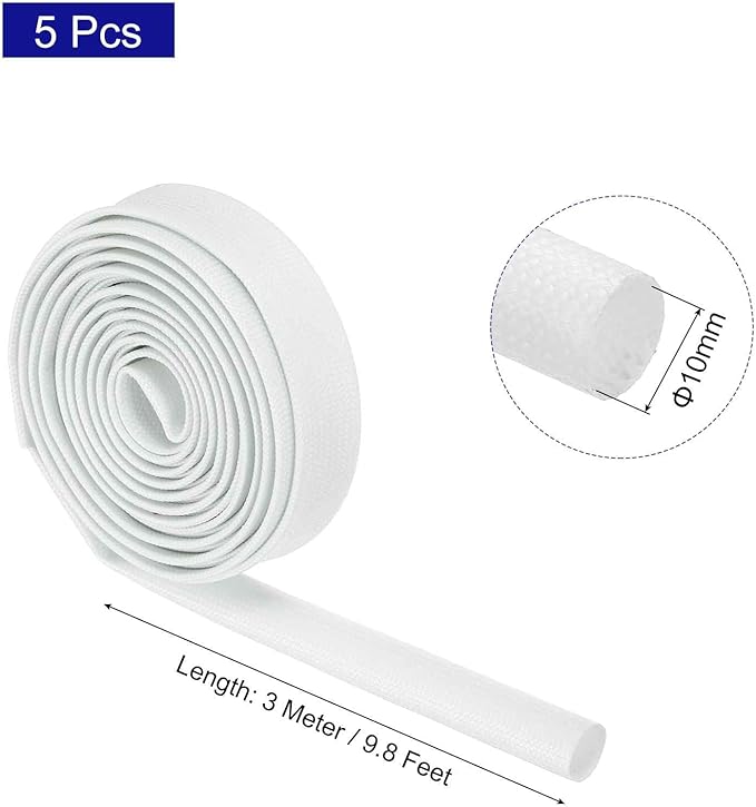 MECCANIXITY 5Pcs Wire Insulation Braid Fire Sleeve,9.8Ft-10mm ID White, High Temp Silicone Coated Fiberglass Sleeving for Automotive Hose Lines Electrical Wiring