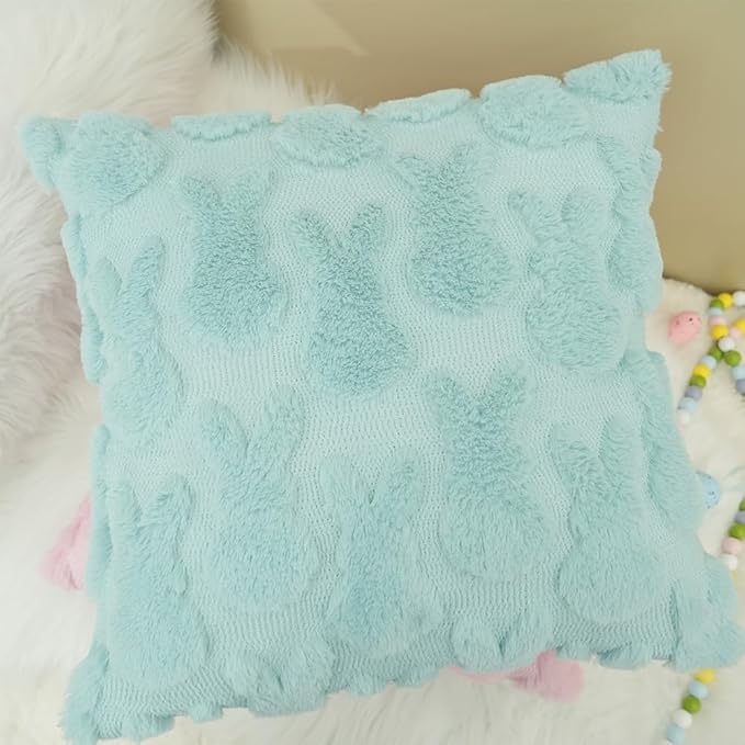 GEEORY Easter Bunny Soft Plush Pillow Covers, 16 x 16 Inch Set of 2, Fluffy Faux Fur Wool Decorative Farmhouse Cushion Case for Sofa Home Decoration Blue GC014-16