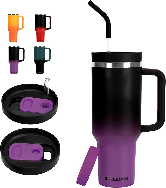 40oz Tumbler with Handle and Straw Spout 2-in-1 Lid, Spill Leak Proof Insulated Travel Cup Traveler Water Mug Keep Cold Hot, Dishwasher Safe Stainless Steel Bottle Gifts for Women Men, Black Purple