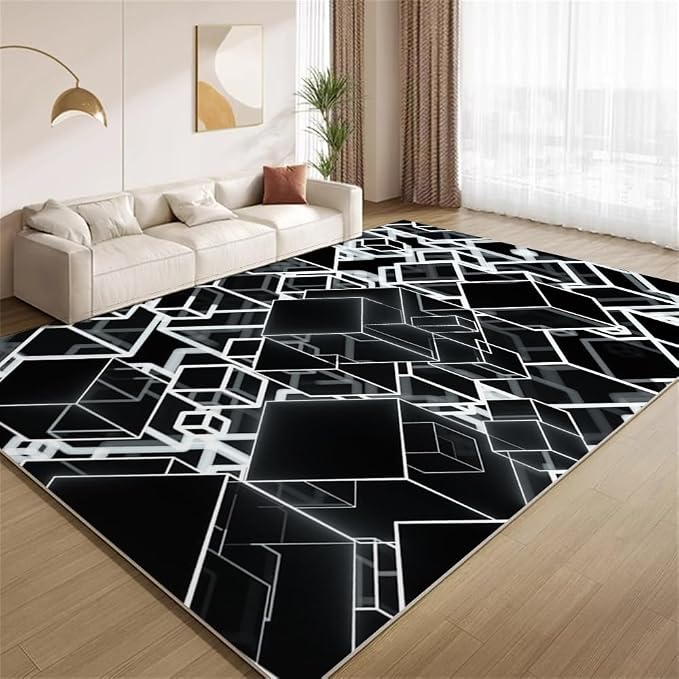 3D Geometric Area Rugs, Black White Block Pattern Carpet, Washable Non Slip Low Pile Soft Rug for Living Room Bedroom Decor Mat 3x5ft(Small)