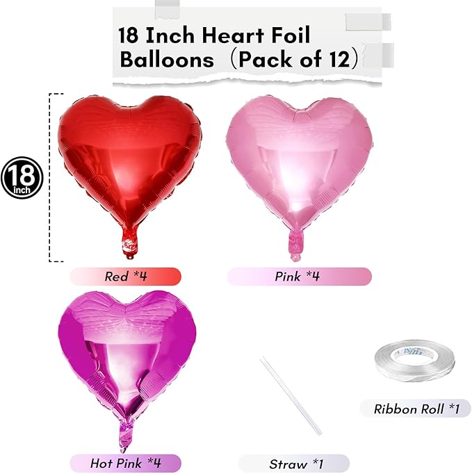 Hot Pink Foil Heart Balloons, 12 Pcs 18 Inch Mylar Heart Shaped Pink & Red Party Decoration for Birthdays, Weddings, Anniversaries, Valentine's Day